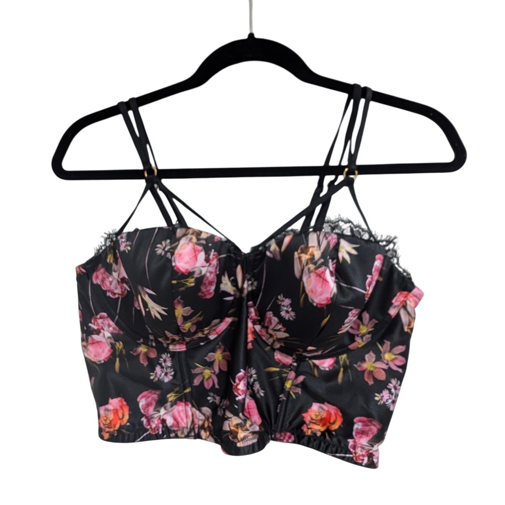 Victoria's Secret Very Sexy Floral Satin Corset Bustier Top Black 38D Lace Trim